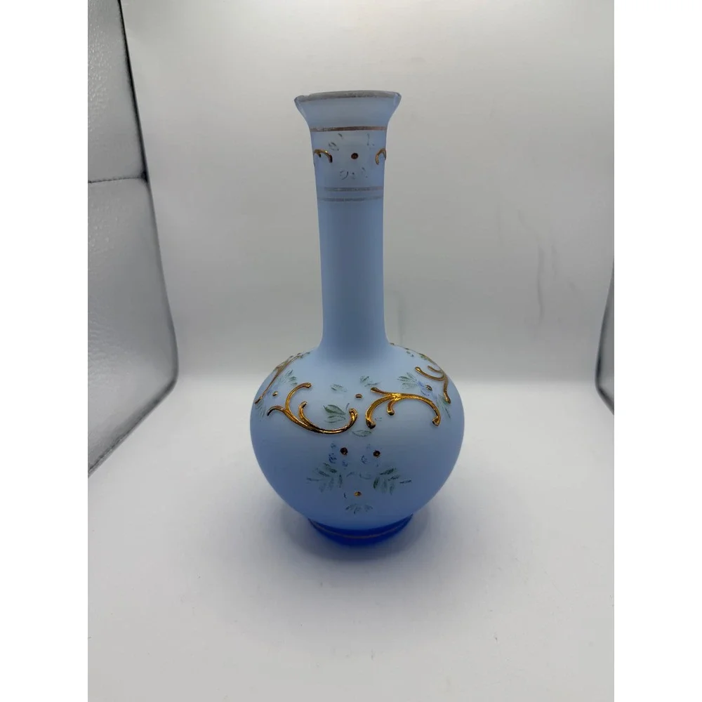 Vintage Light Blue Satin Frosted Glass Bud Vase‎ Hand Painted Gold Gilt 8 Inch